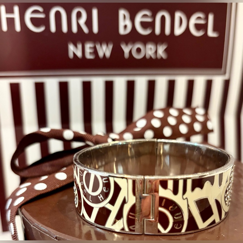 HENRI BENDEL Cream and Brown Enamel Logo Bangle Cuff w/Gold Accents & Crystals - Picture 9 of 16